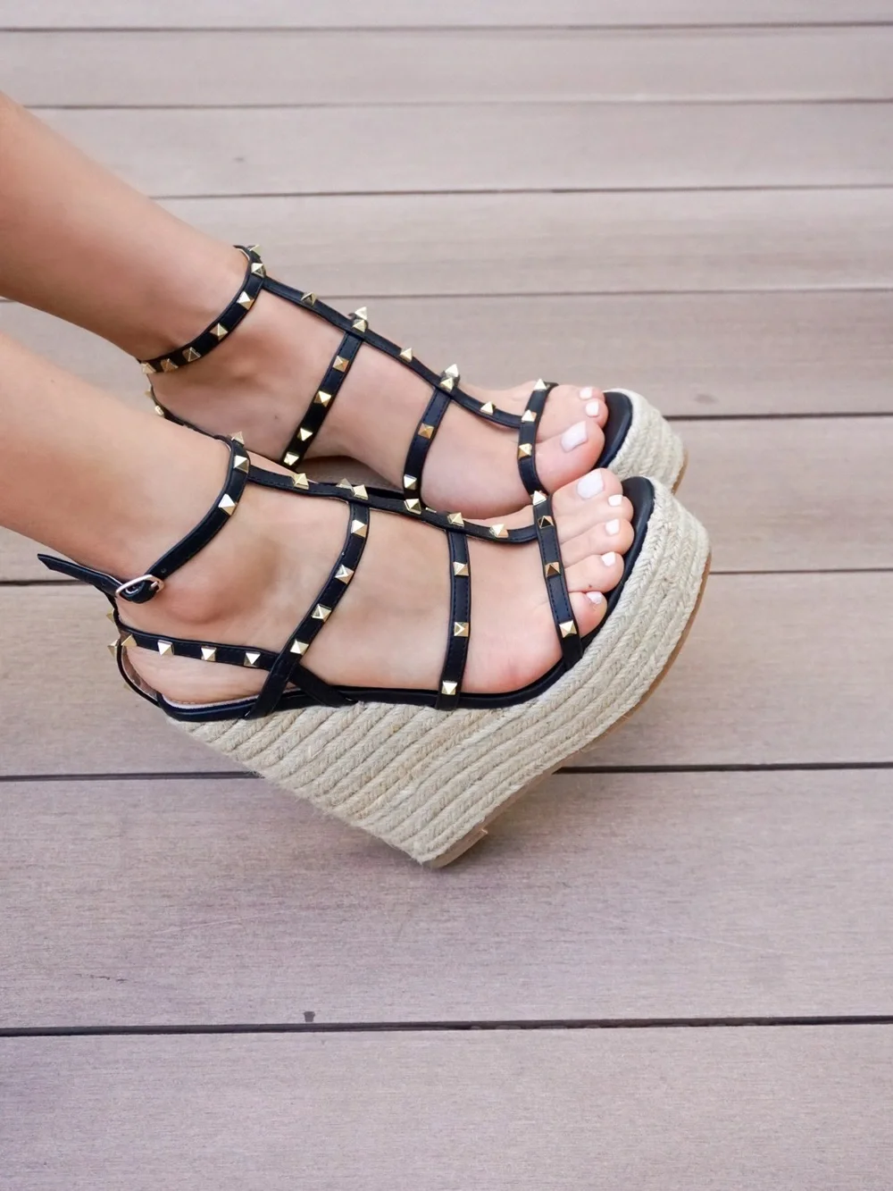 Studded Black T-Strap Espadrille Wedge Sandals